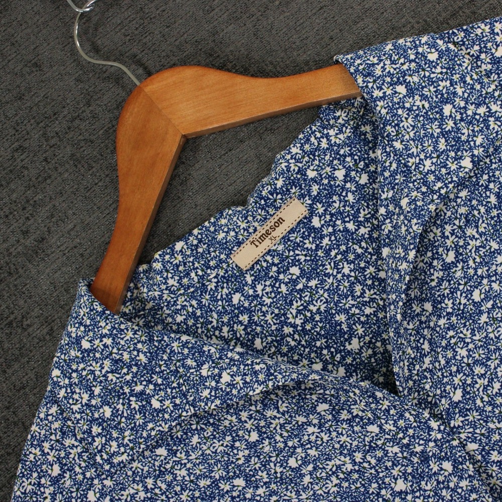 Timeson Womens XL Blue Floral Short Sleeve Split Neck Blouse Cuffed Sleeve Top